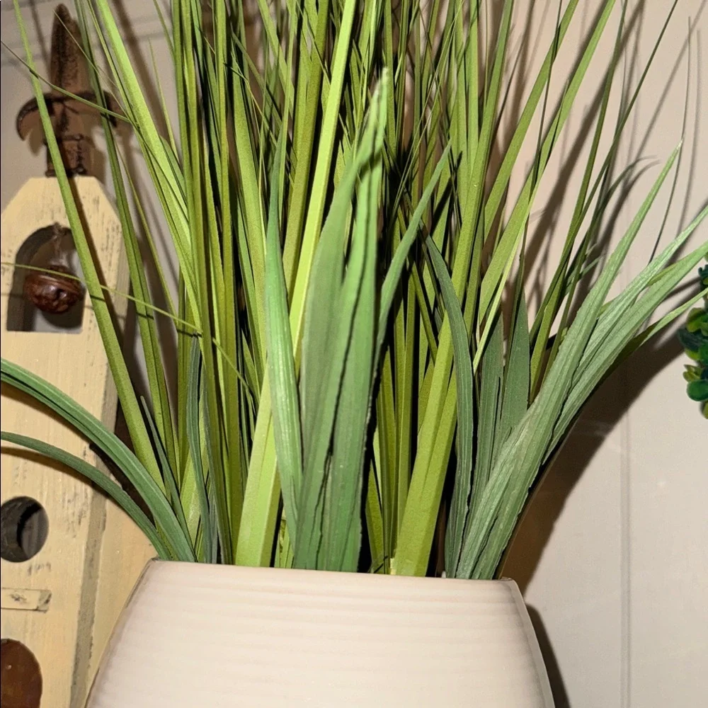 17” Artificial Green Grass Plant in White Planter Pot Home Accent & Decor